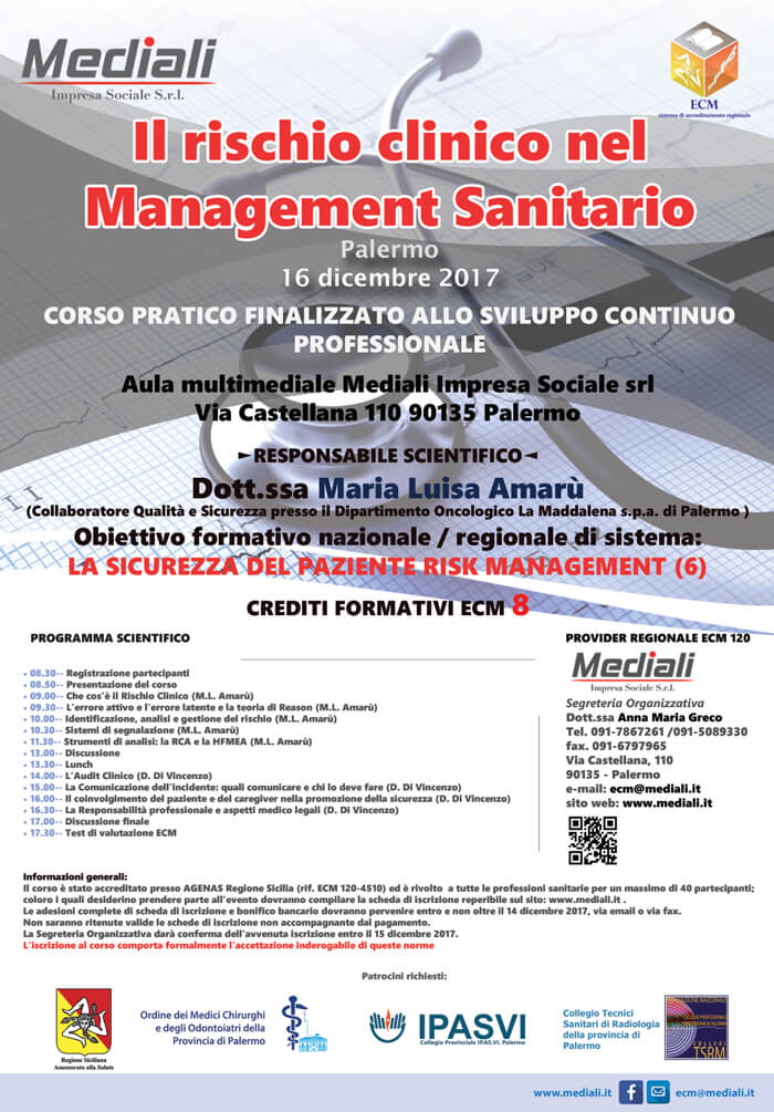 Locandina Il rischio clinico nel Management Sanitario - Mediali.it - dic 2017