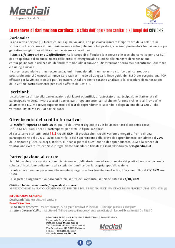 Corso ECM LE MANOVRE DI RIANIMAZIONE CARDIACA: LA SFIDA DELL’OPERATORE SANITARIO AI TEMPI DEL COVID-19 - 23 ottobre 2021