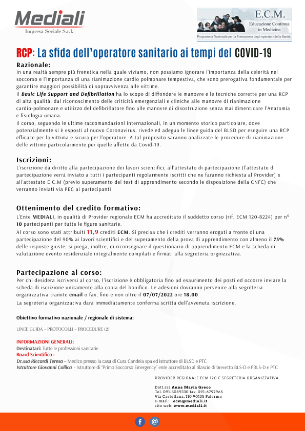 Evento ECM RCP sfida dell'operatore sanitario ai tempi del Covid 19 descrizione