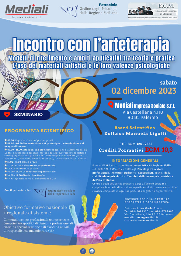 Seminario ECM, Incontro con l'arteterapia Modelli di riferimento e ambiti applicativi tra teoria e pratica. 02 dic 2023 - Mediali 